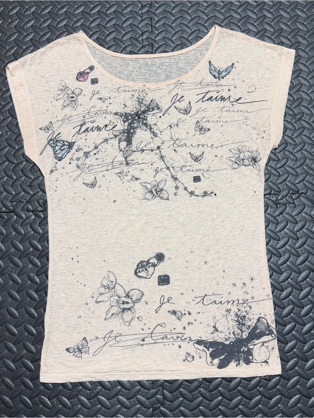 Express Rhinestone Shirt Short Sleeve Tee Floral Butterfly French Womens Small